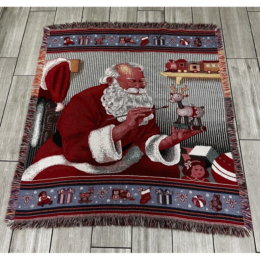 Vintage Santa Claus Christmas Tapestry Throw Blanket Santas Workshop Decor 51x58
